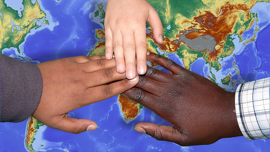 hands of three people on top of map, migration, integration, migrants, HD wallpaper