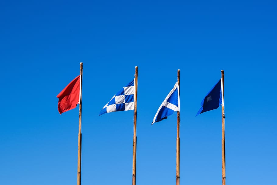flags, banner, logo, mast, sky, blue, patriotism, low angle view HD wallpaper