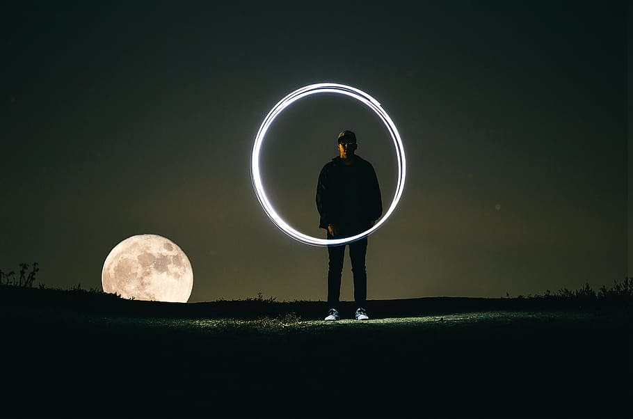 dark, night, sky, moon, circle, round, people, man, alone, one person HD wallpaper