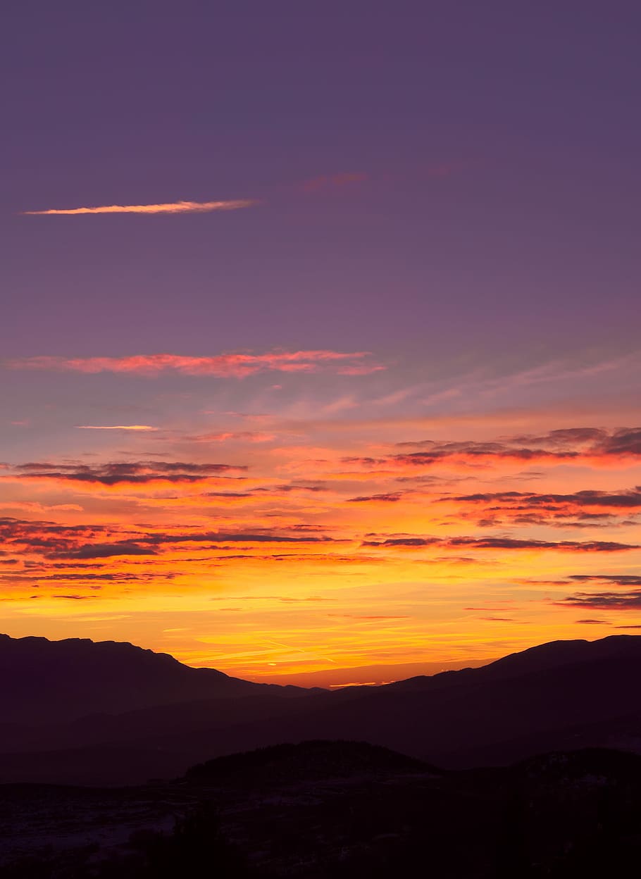 silhouette photo of mountain range, silhouette photography of mountain and clouds HD wallpaper