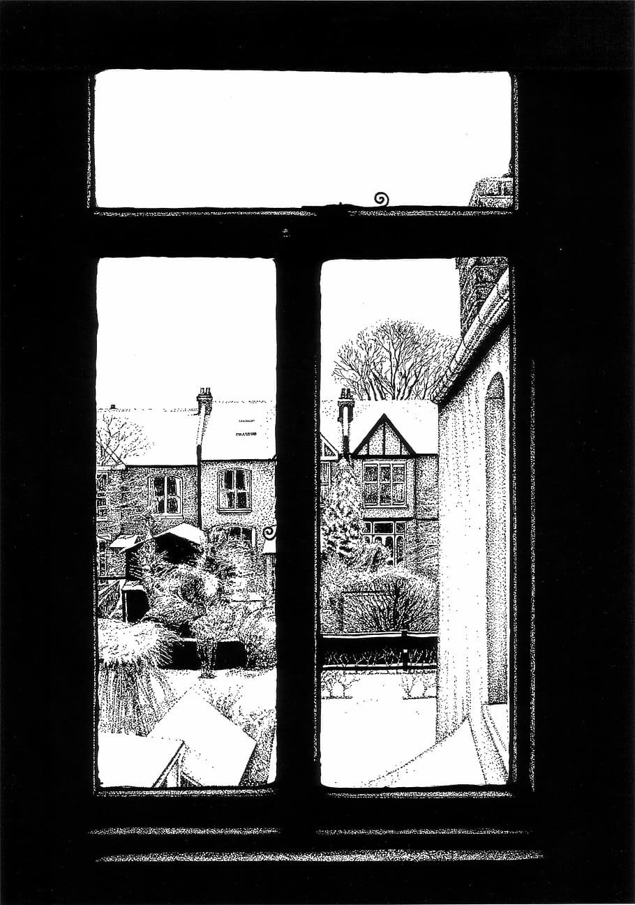 Winter in the Suburbs through the Windows with Black Ink, art