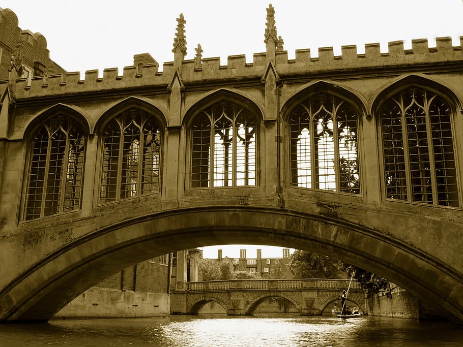 brown concrete footbridge, sighs, cambridge, river, boat, punting HD wallpaper