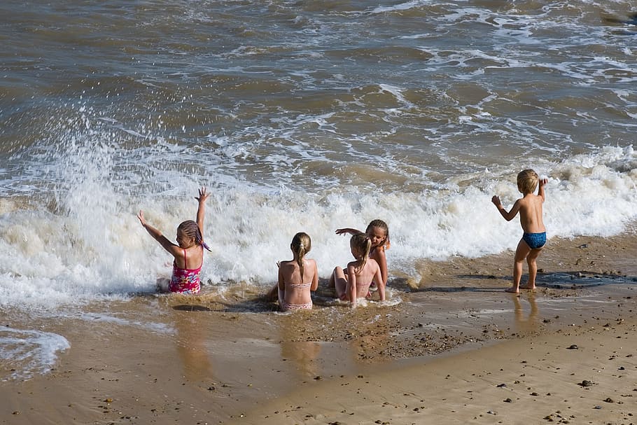 five children playing on seashore at daytime, fun, beach, surf HD wallpaper
