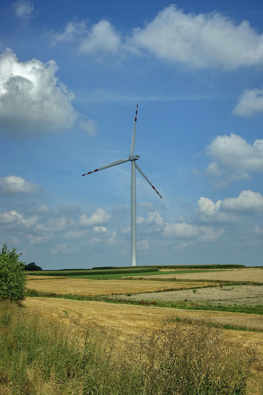 blue sky, clouds, windmill, windmill farm, environment, field HD wallpaper