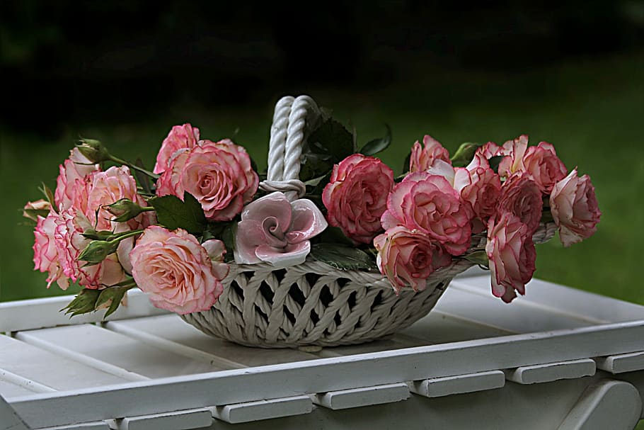 white-and-purple flower on white wicker basket, still life HD wallpaper