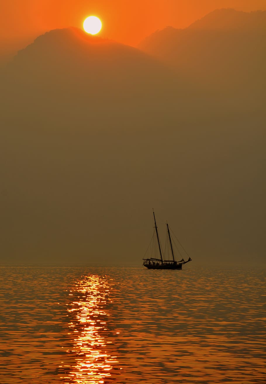 sailing ship, lake, sunset, mooring, reflection, water, boat HD wallpaper