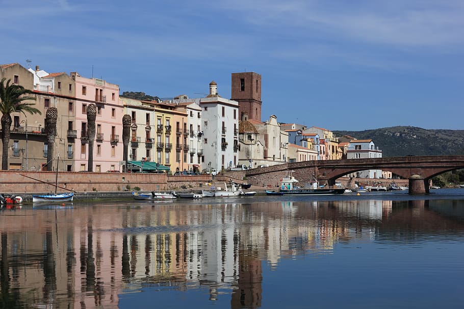 Italy, Sardinia, Bosa, River, reflections, water, architecture, HD wallpaper