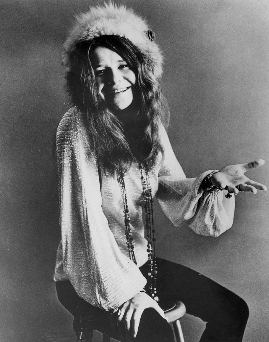 smiling woman grayscale photo, janis joplin, singer, songwriter