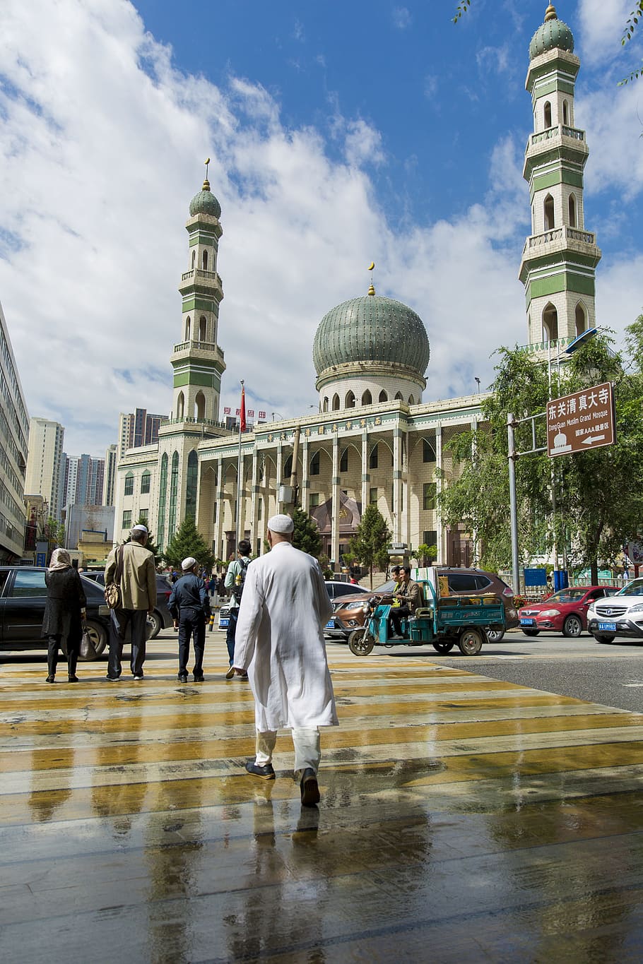 mosque, xining, blue sky and white clouds, architecture, built structure HD wallpaper