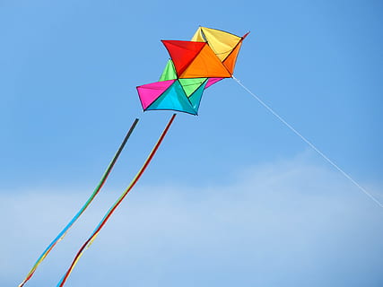 flying yellow, blue, and pink kite, Dragons, Kite Flying, Sky, Blue HD wallpaper