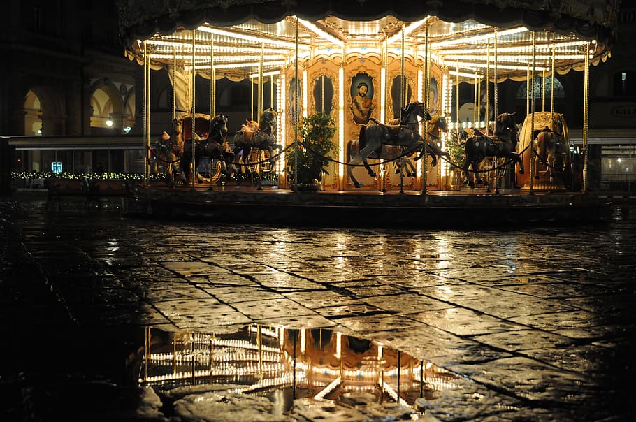 horse carousel with turned on lights during daytime, ride, nighttime HD wallpaper
