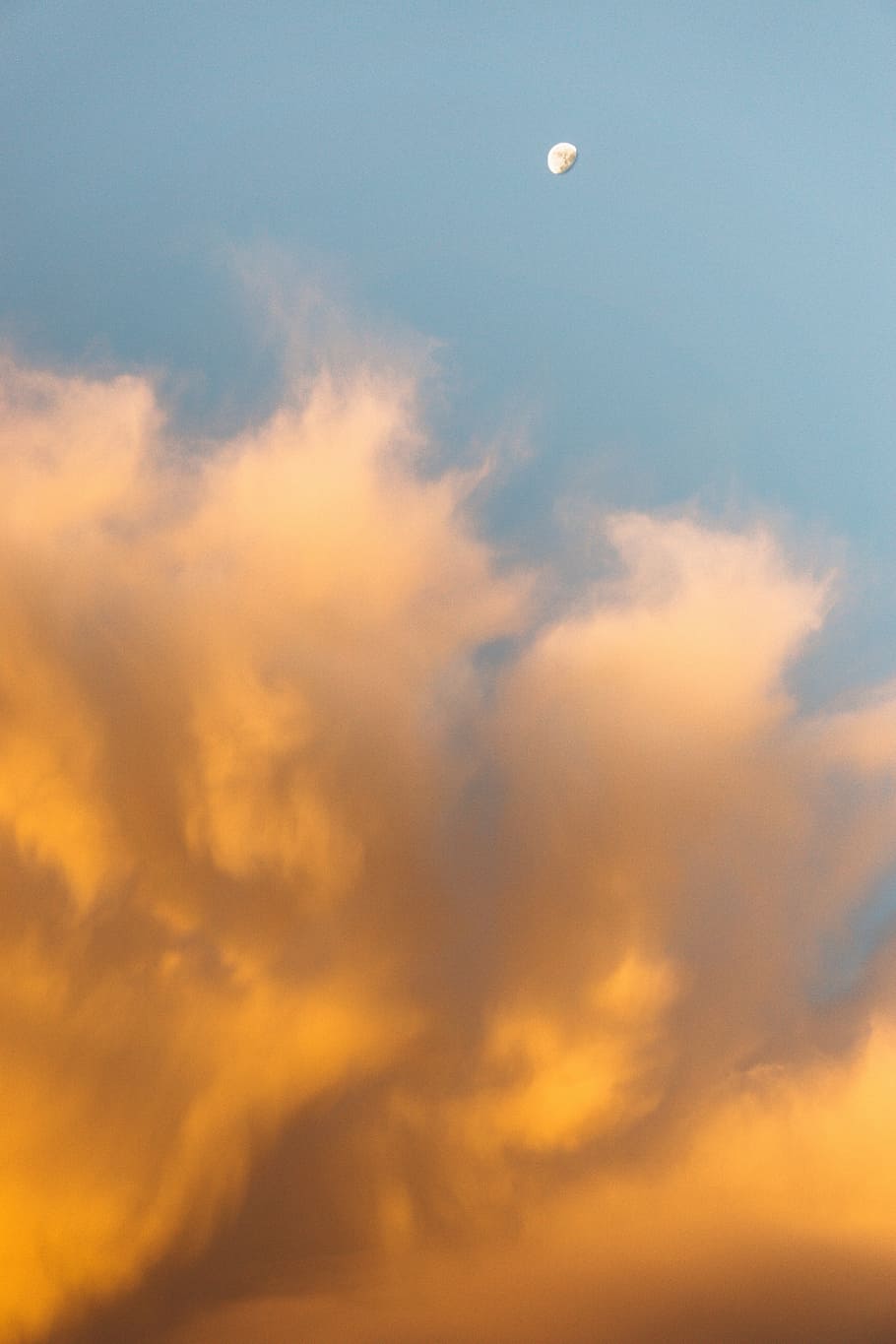 worm's-eye view of moon near clouds during daytime, low angle photography of clouds and moon HD wallpaper