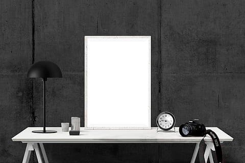 grayscale photography of console table, poster, mockup, imac HD wallpaper