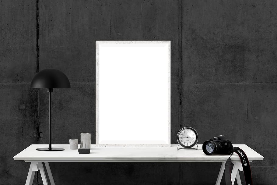 grayscale photography of console table, poster, mockup, imac, HD wallpaper