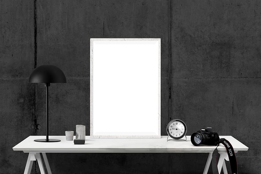 grayscale photography of console table, poster, mockup, imac HD wallpaper