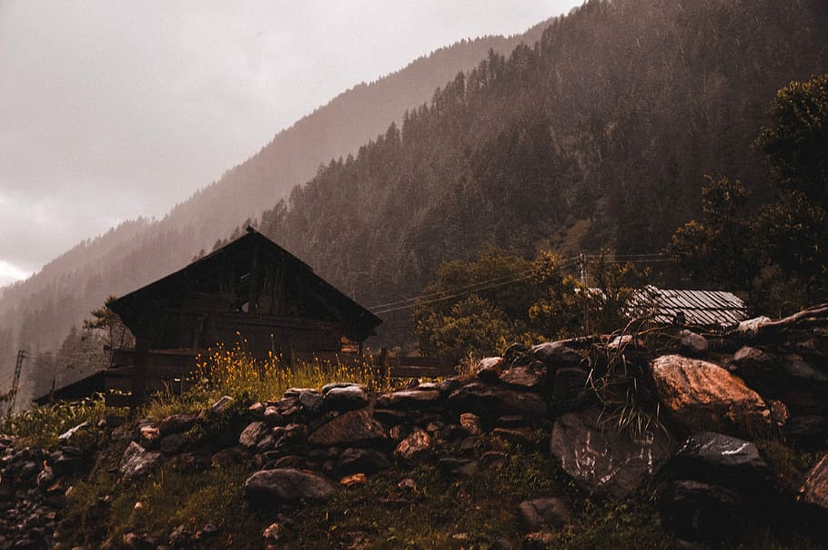 house near mountain, forest, outdoors, grass, landscape, rocks HD wallpaper