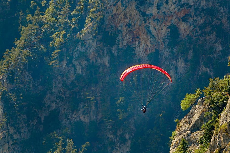 paragliding, sky, landscape, fly, adventure, flying, mid-air HD wallpaper