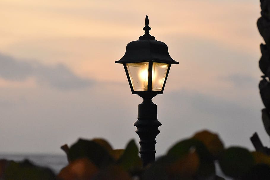 lamp post, light, dawn, nature, seascape, lighting equipment HD wallpaper