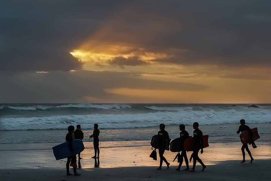 Surfer, Sunset, Group, Beach, Sea, sky, summer, coast, young HD wallpaper