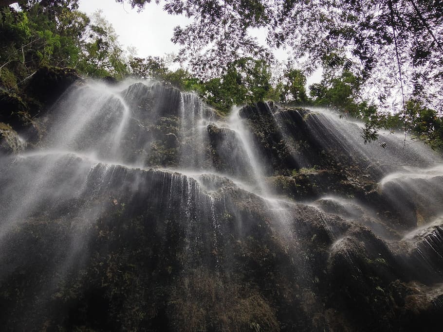 waterfall, perspective, nature, flow, flowing, rock, sky, trees HD wallpaper