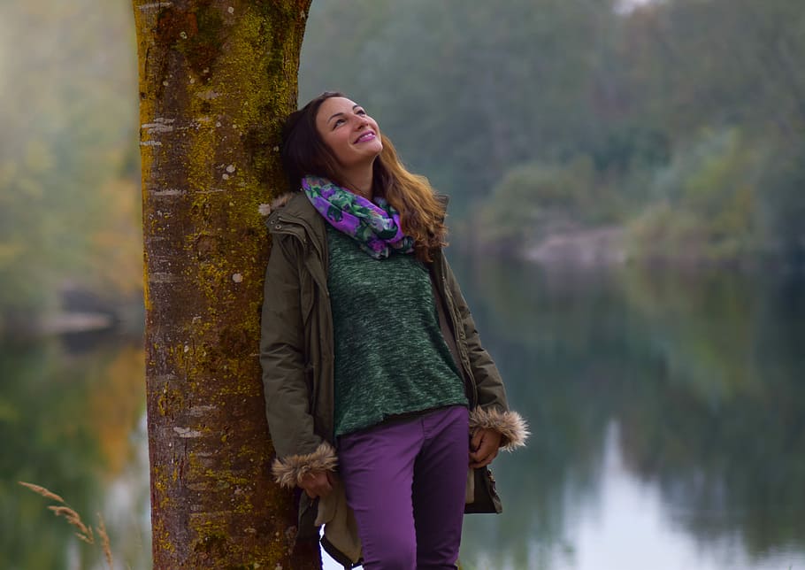 woman wearing gray coat, nature, mood, water, person, lake, recovery, HD wallpaper