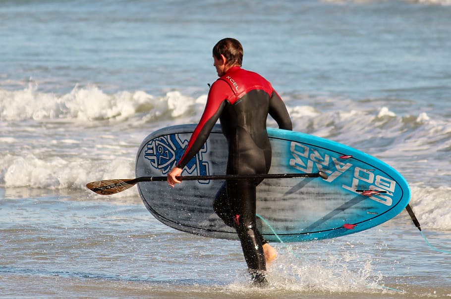 man carrying paddleboard, surfer, stand up paddling, sea, beach