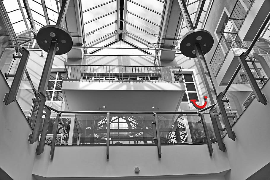 black and white, architecture, glass, low angle view, indoors HD wallpaper