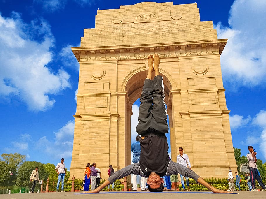 yoga, india, sky, clouds, asana, yoga pose, architecture, balance HD wallpaper