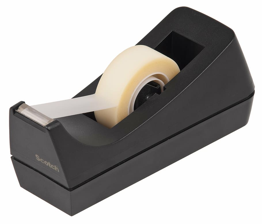 black Scotch tape with dispenser, roll, adhesive, sticky, office