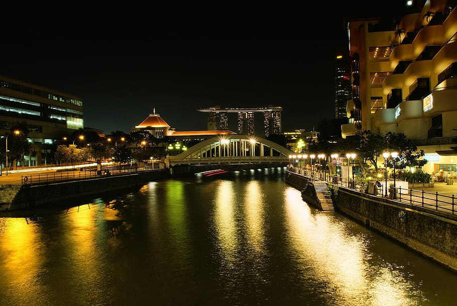 Hongkong Singapore during nighttime, river, bridge - Man Made Structure HD wallpaper