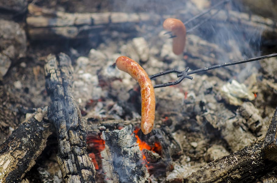 sausage, fire, grilling, glow, cozy, outdoor, småland, nature HD wallpaper
