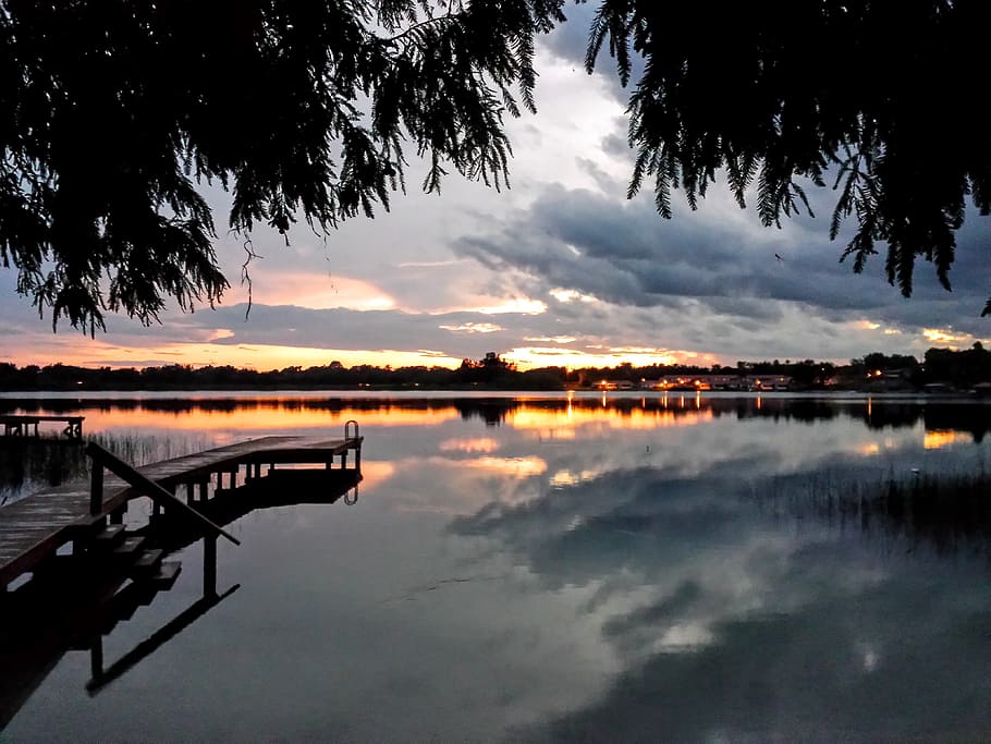 Landscape, Florida, lake, reflection, sunset, cloud - sky, silhouette HD wallpaper