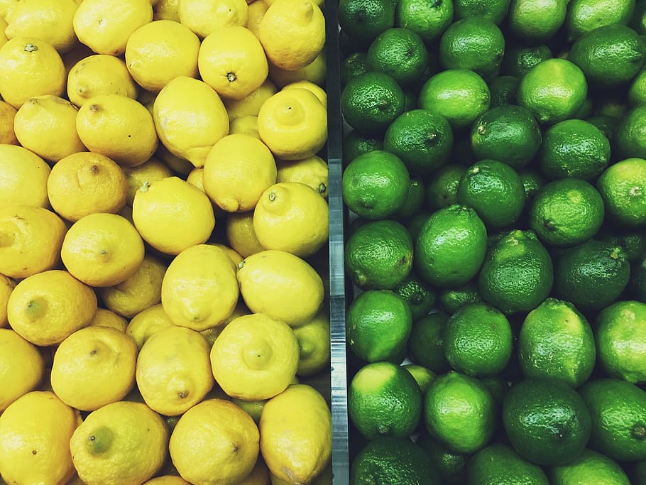 lemon and lime lot, bunch of lemon fruits, crate, market, vendor HD wallpaper