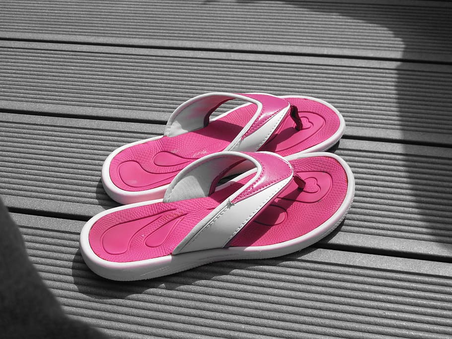 pair of pink-and-white flip-flops on floor, flip flops, sandals HD wallpaper