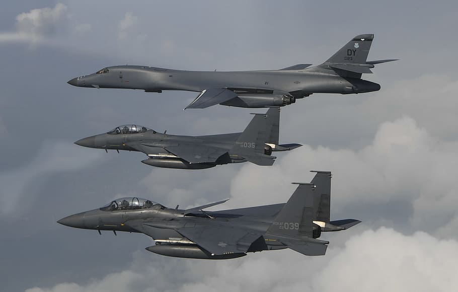 f-15, b-1b lancer, flight, formation, air force, aviation, aircraft, HD wallpaper