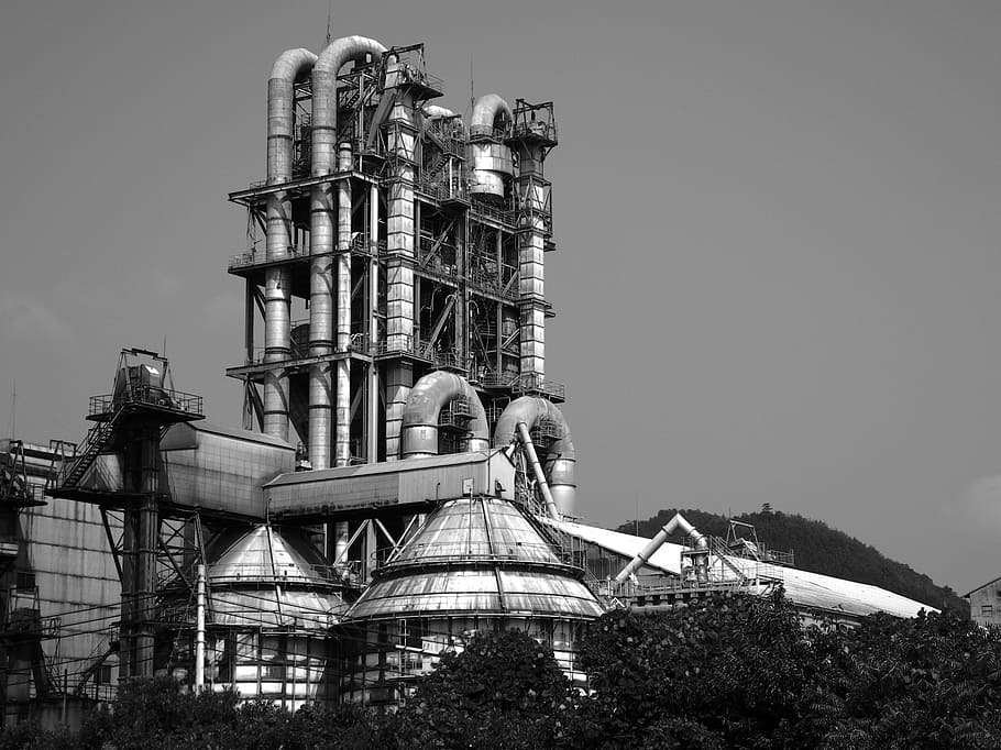 grayscale photo of building surrounded by trees, factory, pipe, HD wallpaper