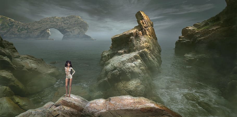 woman on rock formation game application, fantasy, landscape, HD wallpaper