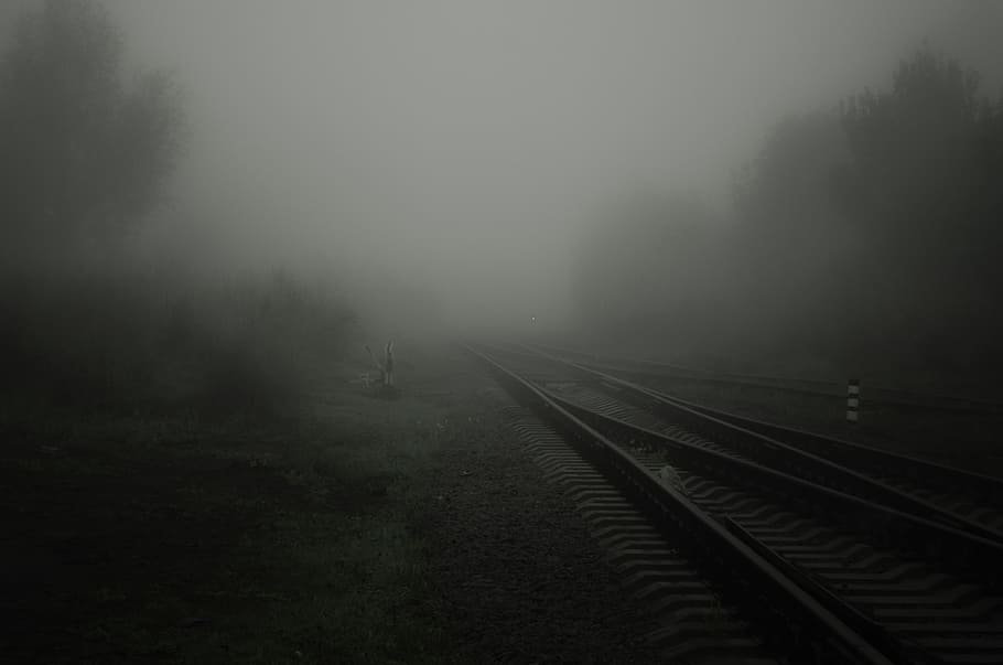 train railways covered with white clouds, fog, road, rails HD wallpaper