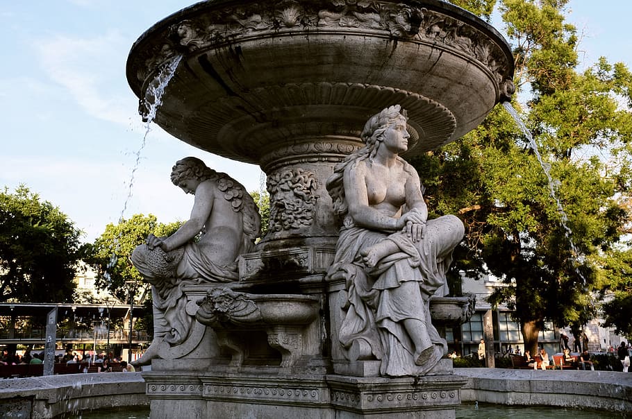 fountain, stream, wet, budapest, art and craft, representation HD wallpaper