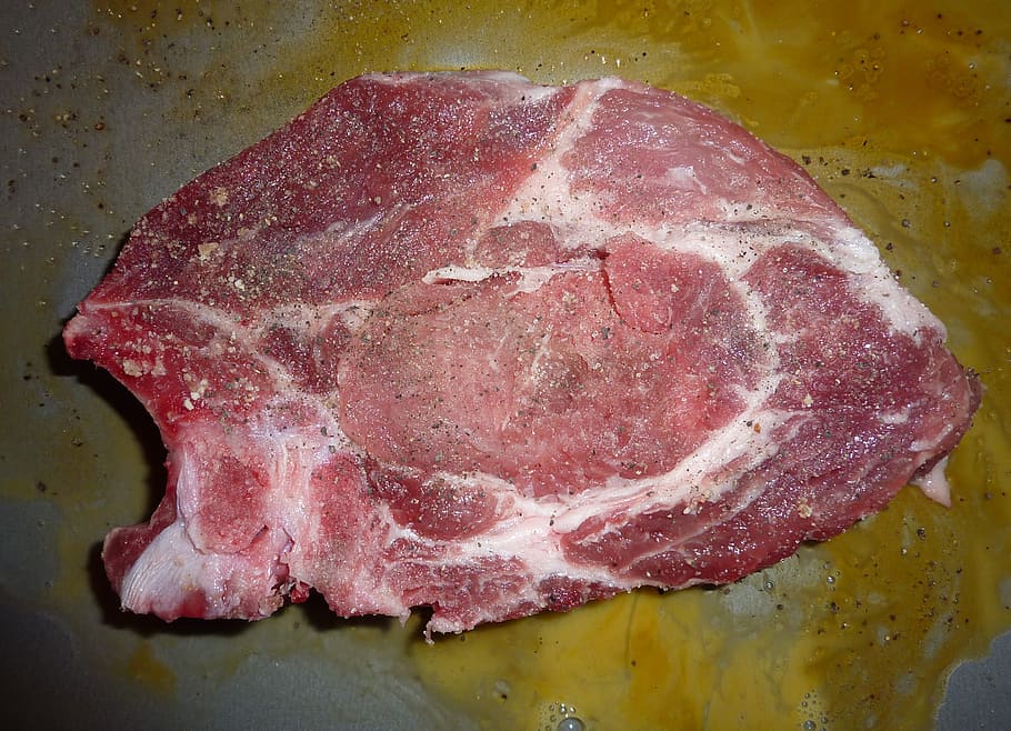 raw meat slice placed on yellow surface, chops, cotelette, ribs HD wallpaper