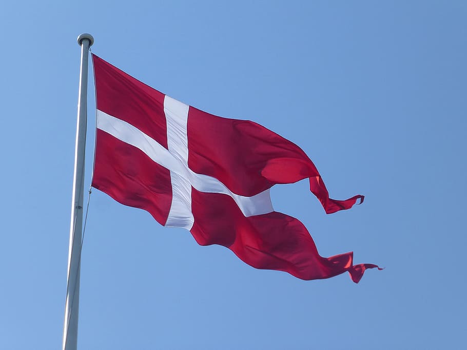 denmark flag, red, white, blow, flutter, sky, wind, cheerful HD wallpaper