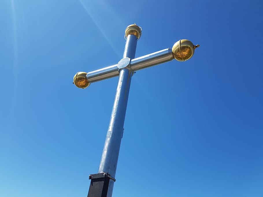 cross, sun, blue, sky, no people, clear sky, metal, nature HD wallpaper