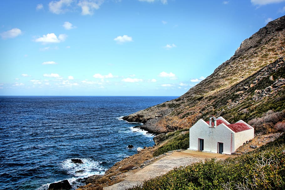 chapel, coast, greece, sea, surf, mediterranean, holiday, island HD wallpaper