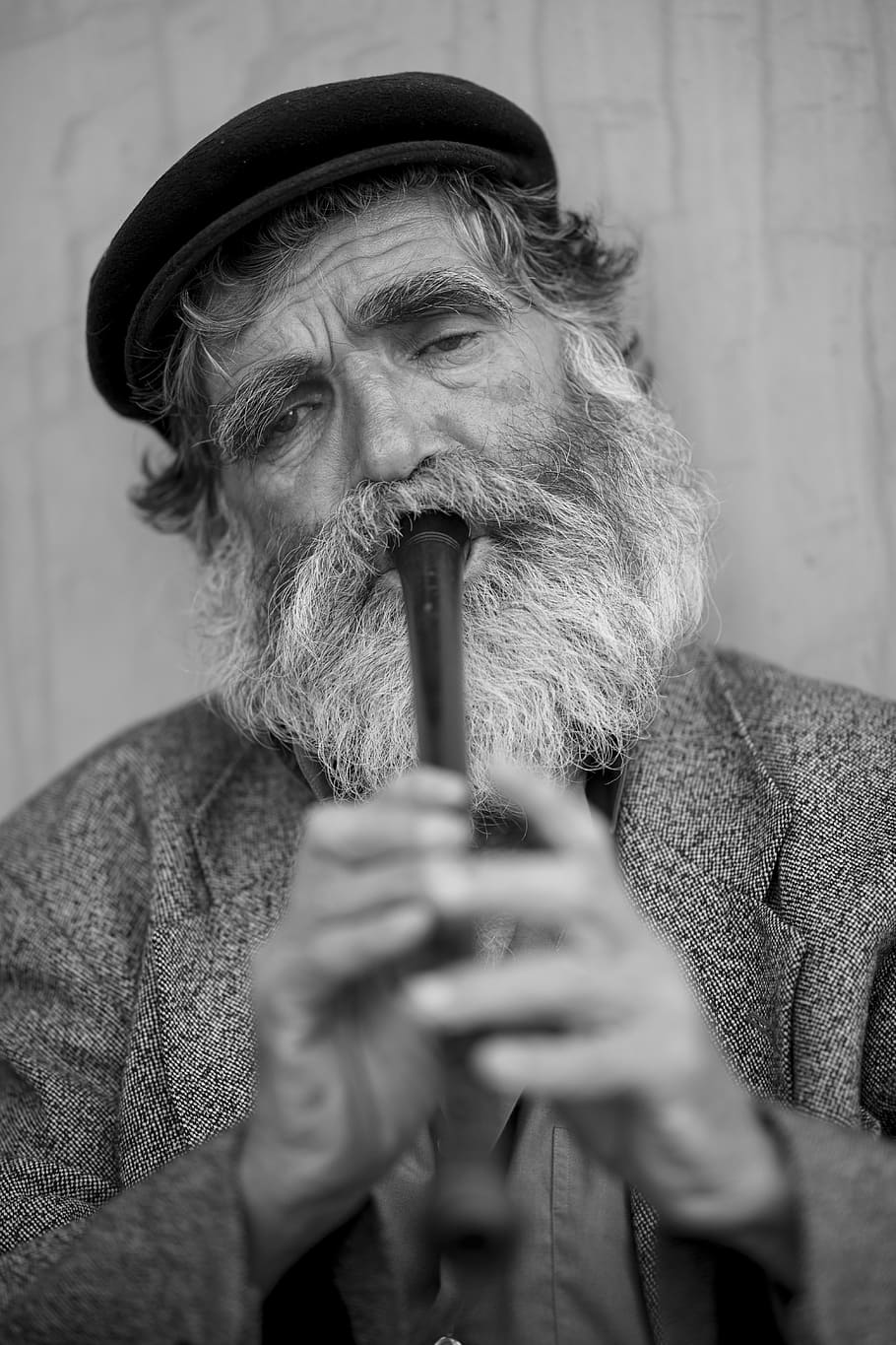 greyscale photo of bearded man playing flute, old, male, music, HD wallpaper