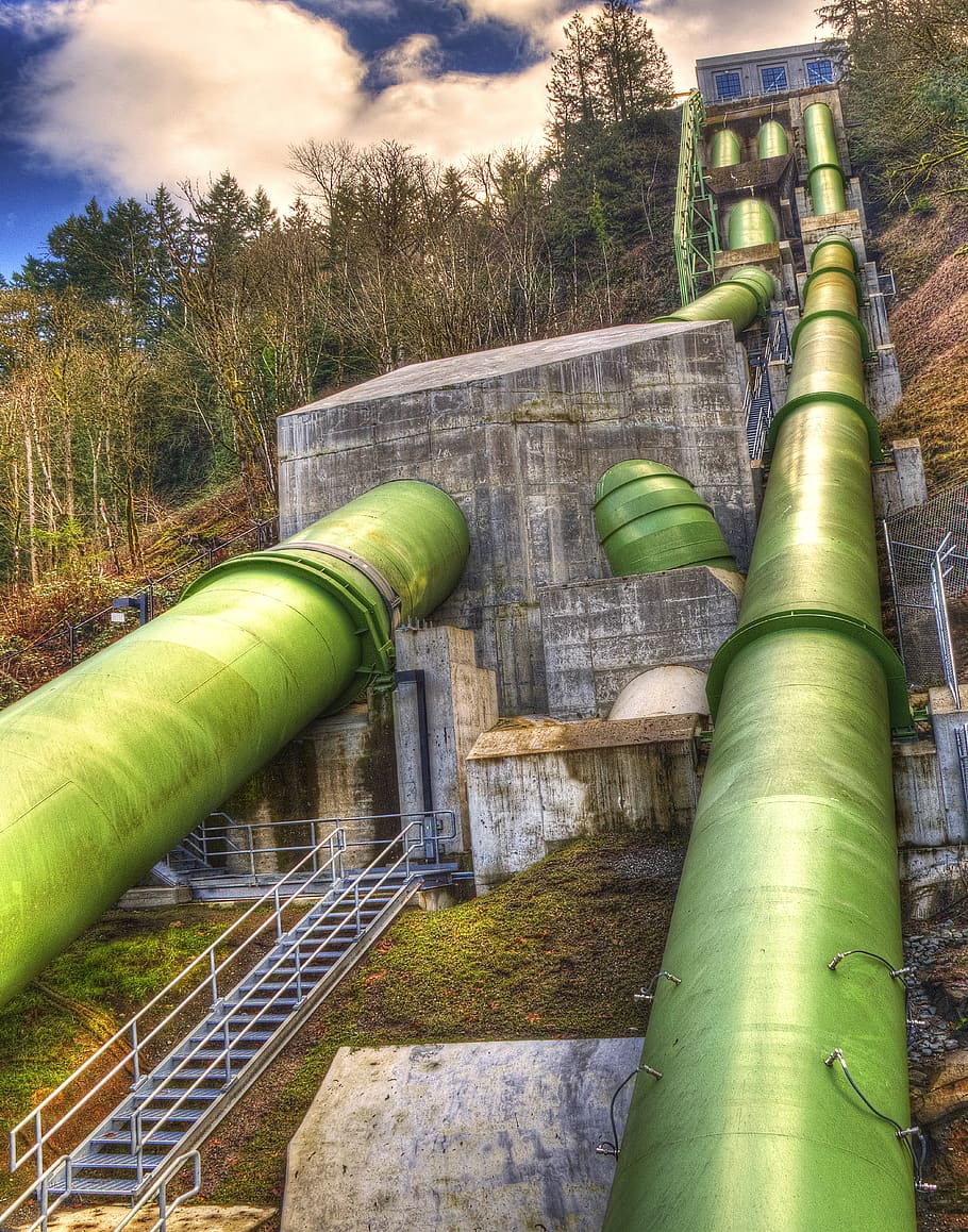 power plant feed pipes, dam, electrical, generator, outdoors