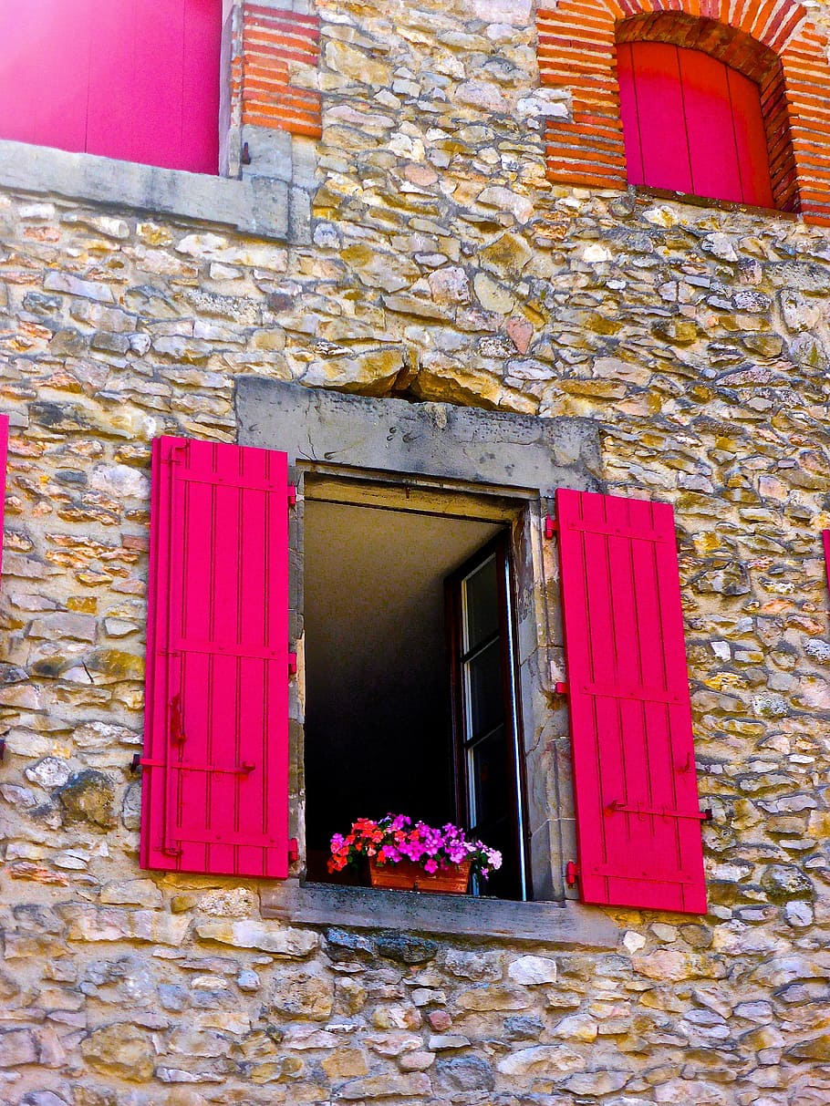 window, red, stone, flowers, exterior home, bright, decoration HD wallpaper