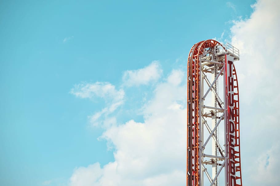 Thunderbolt roller coaster during daytime, rails, amusement park, HD wallpaper