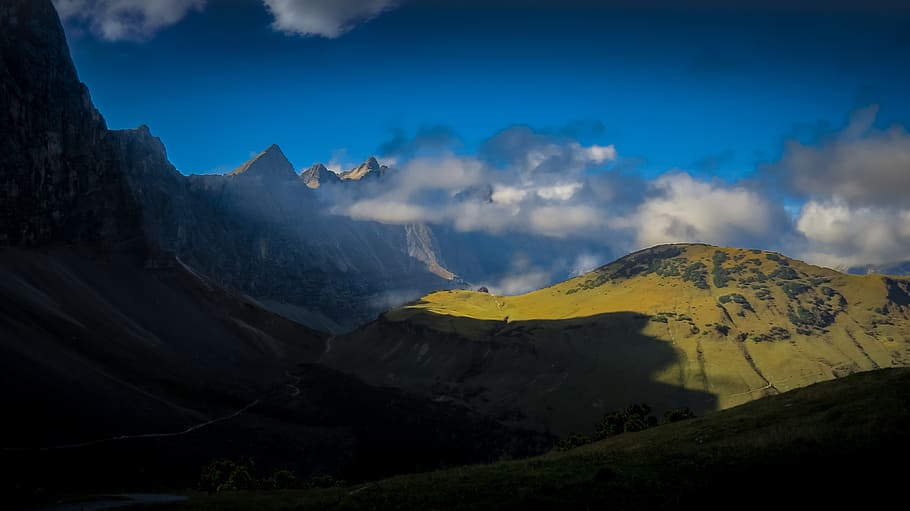mountains, hiking, panorama, alpine, holiday, mountain pass HD wallpaper