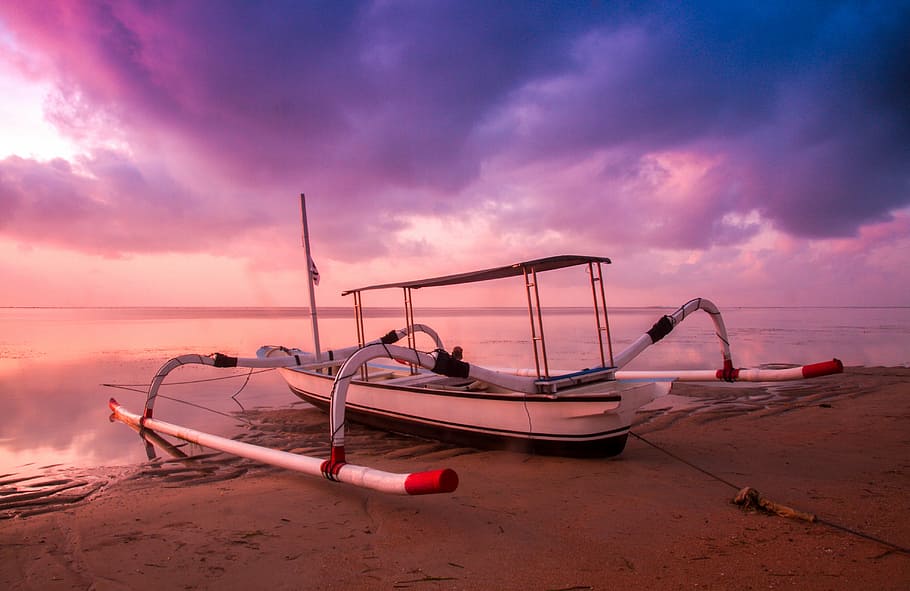 beach, boat, dawn, dusk, ocean, sand, sea, seascape, seashore HD wallpaper