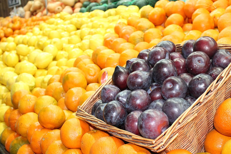 food, fresh fruit, lemons, oranges, plums, super market, grocery HD wallpaper